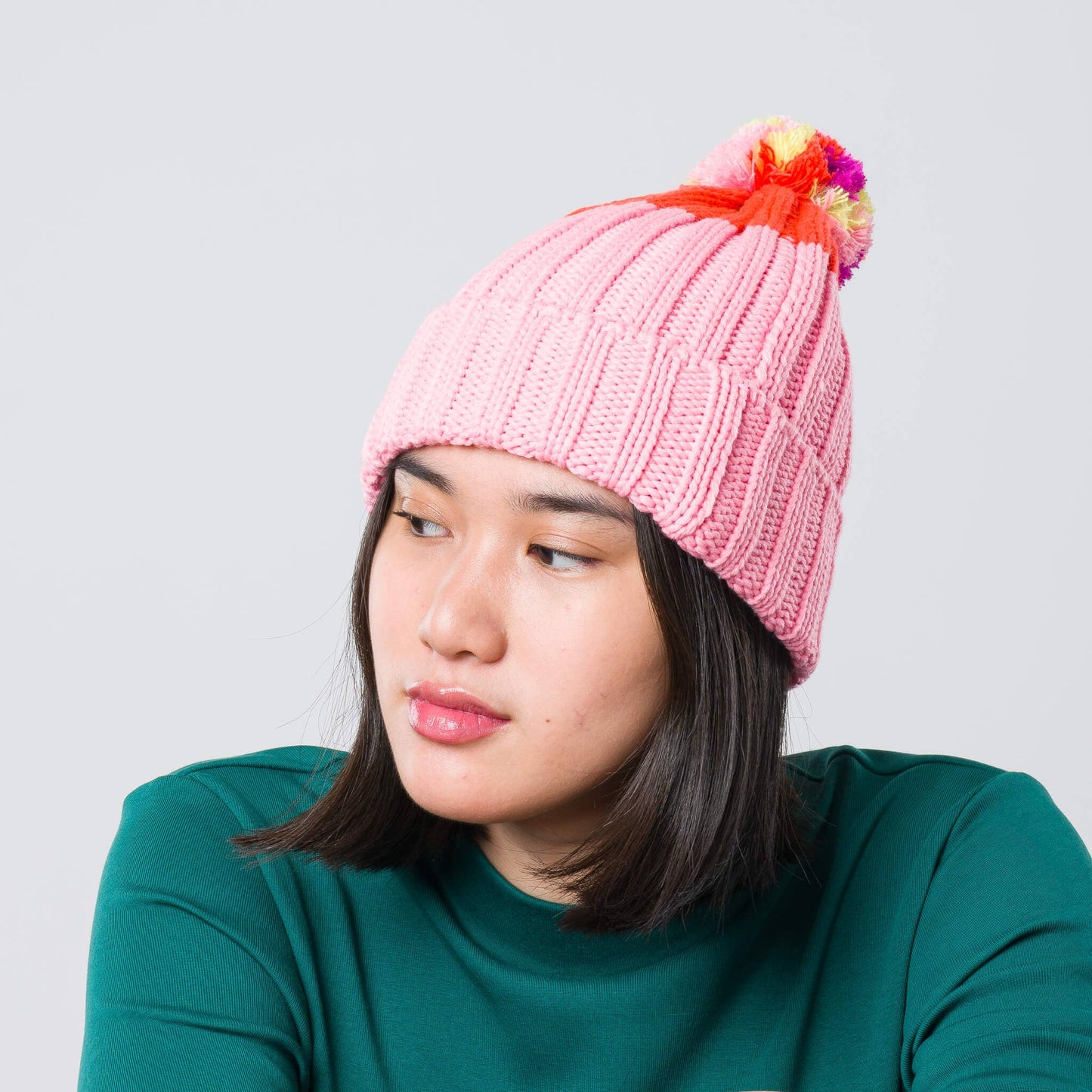 Chunky Colorblock Knit Pom Beanie