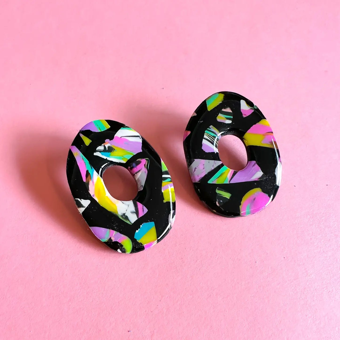 Black Cosmic Bowling Terrazzo Marble Oval Studs