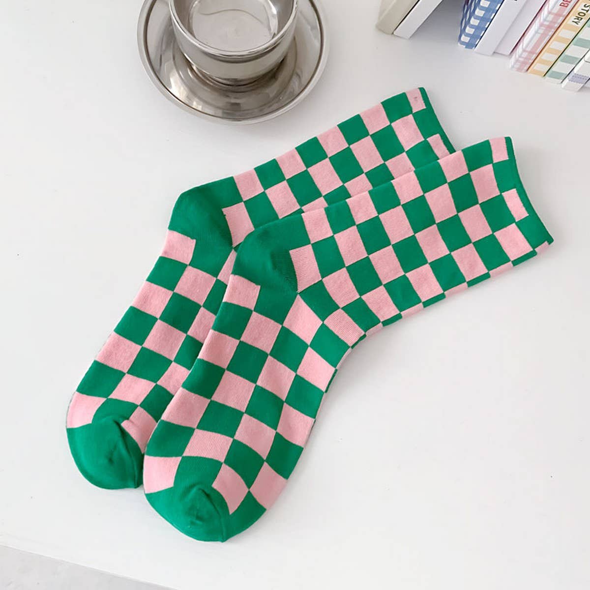Green and Pink Checkerboard Socks
