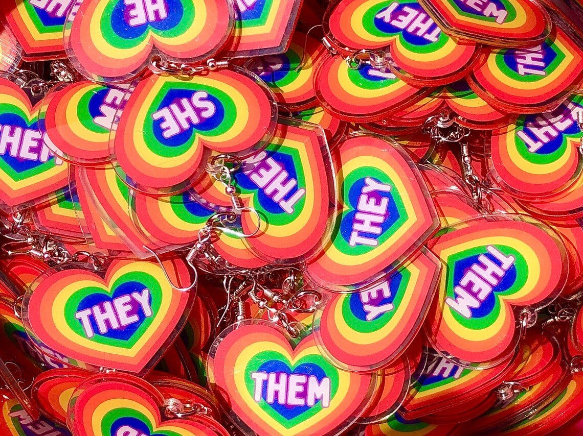 Rainbow Heart Pronoun Earrings
