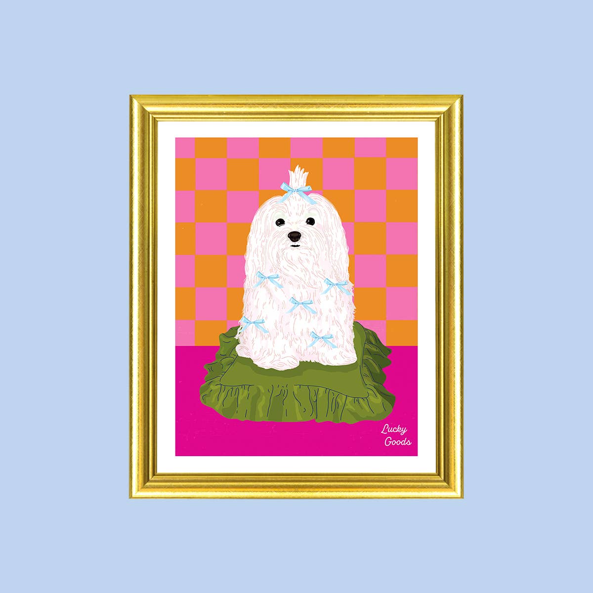 Dog with Bows on a Silk Pillow print