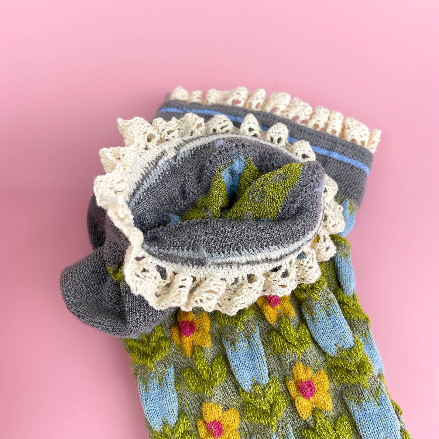 Gray Green Floral Lace Socks