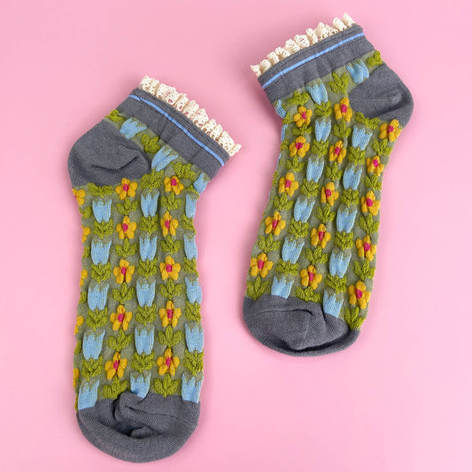 Gray Green Floral Lace Socks