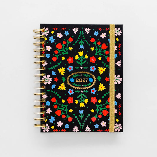 2027 Black Scandinavian Floral Medium Spiral Planner