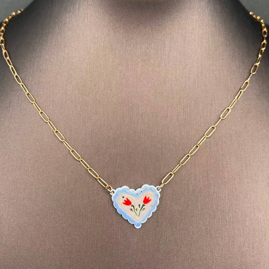 Flower Pattern Heart Charm Necklace