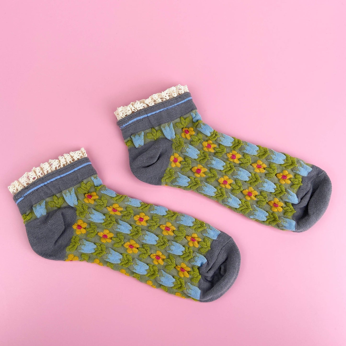 Gray Green Floral Lace Socks