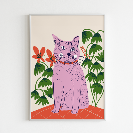 Pink Cat with Plant print