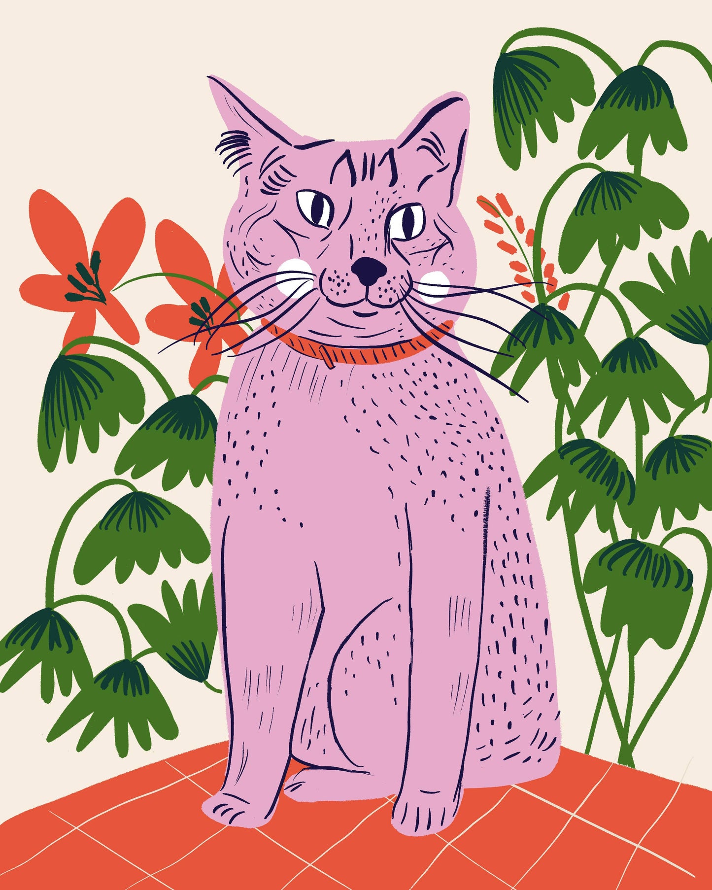 Pink Cat with Plant print