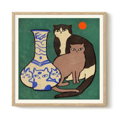 Blue Vase with Cats print