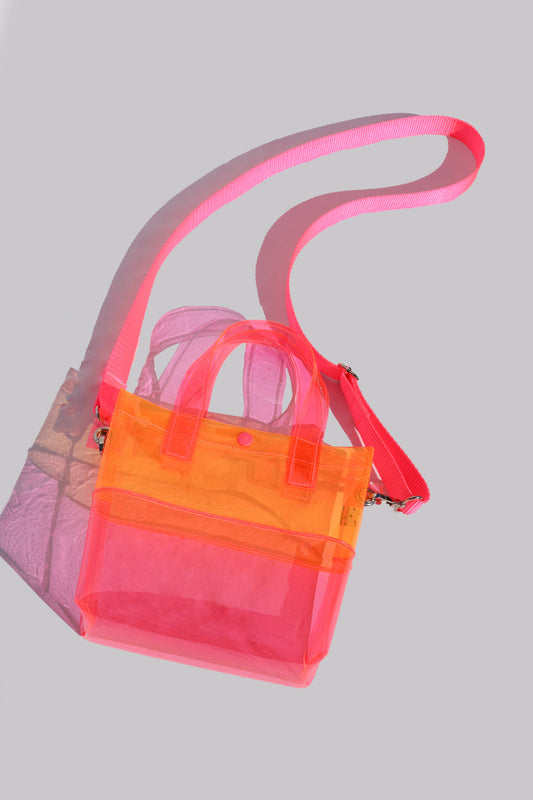 Pink & Orange Vinyl Handle Bag With Crossbody Strap