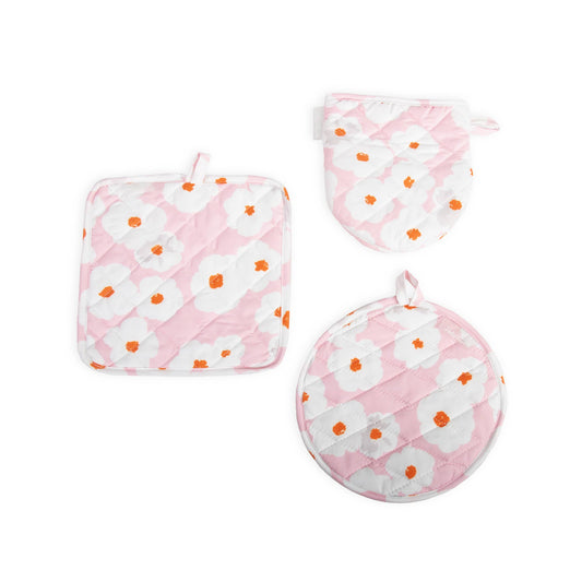 Pink Floral Oven Mitt and Cloth Set